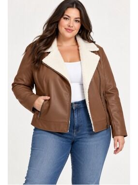Torrid Faux Leather Sherpa Moto Jacket Brown Plus Size 1 Biker Aviator